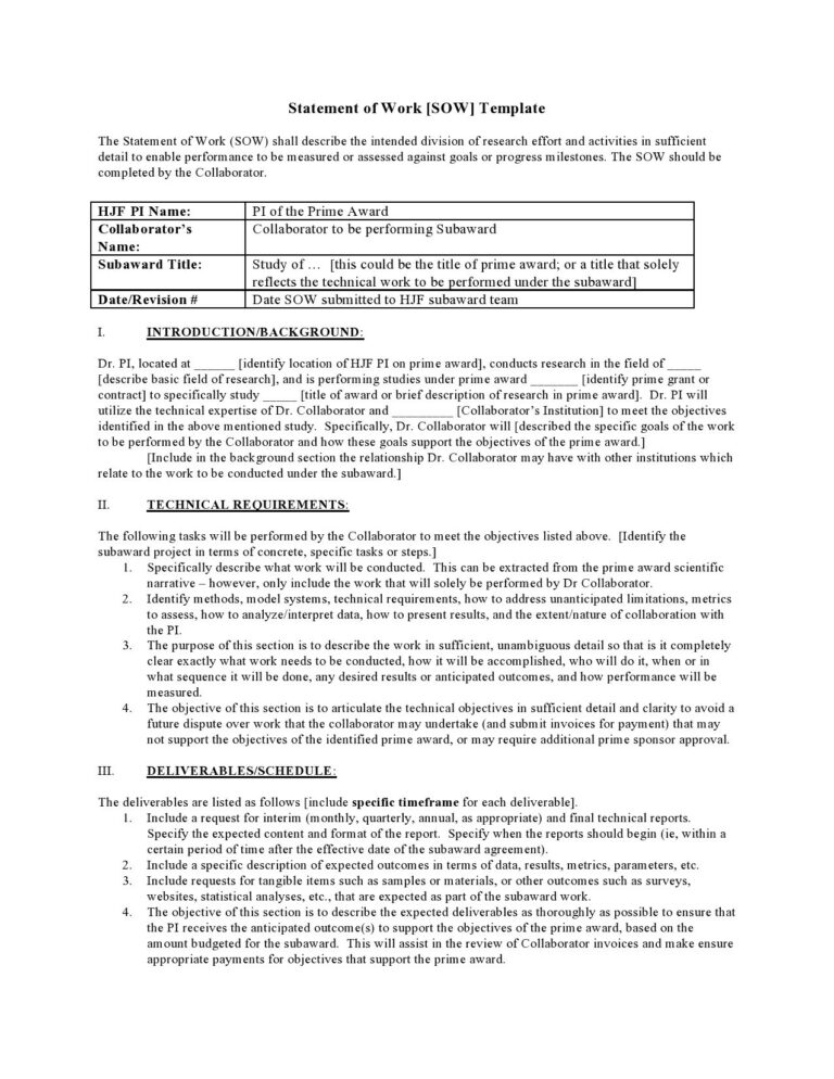 Free NIH Statement of Work Template Examples