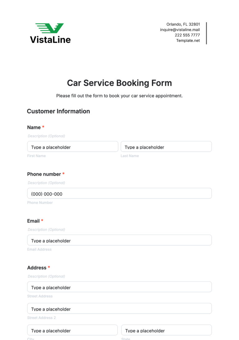 Car Service Client Info Form Template