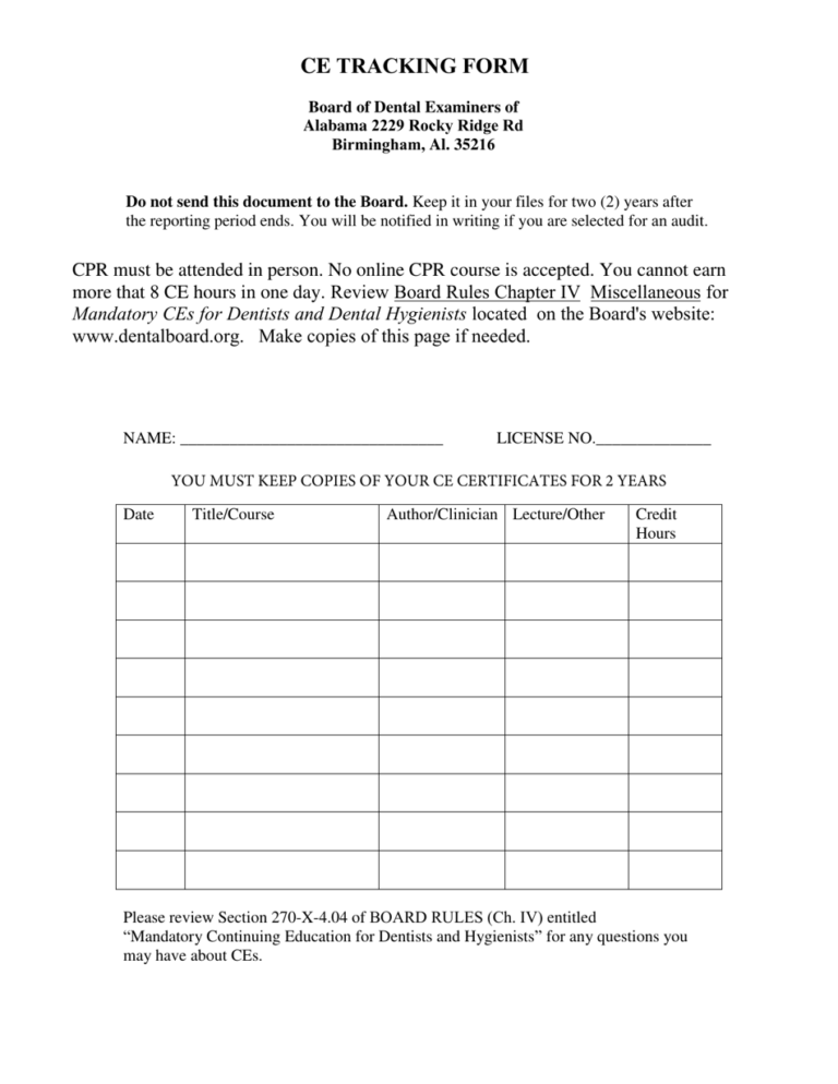 Civil Engineering CEU Tracking Form Template