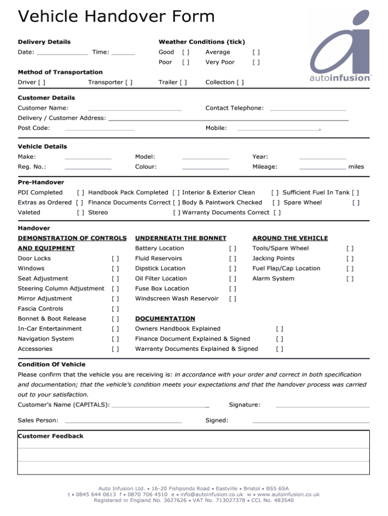Company Car Handover Form Template