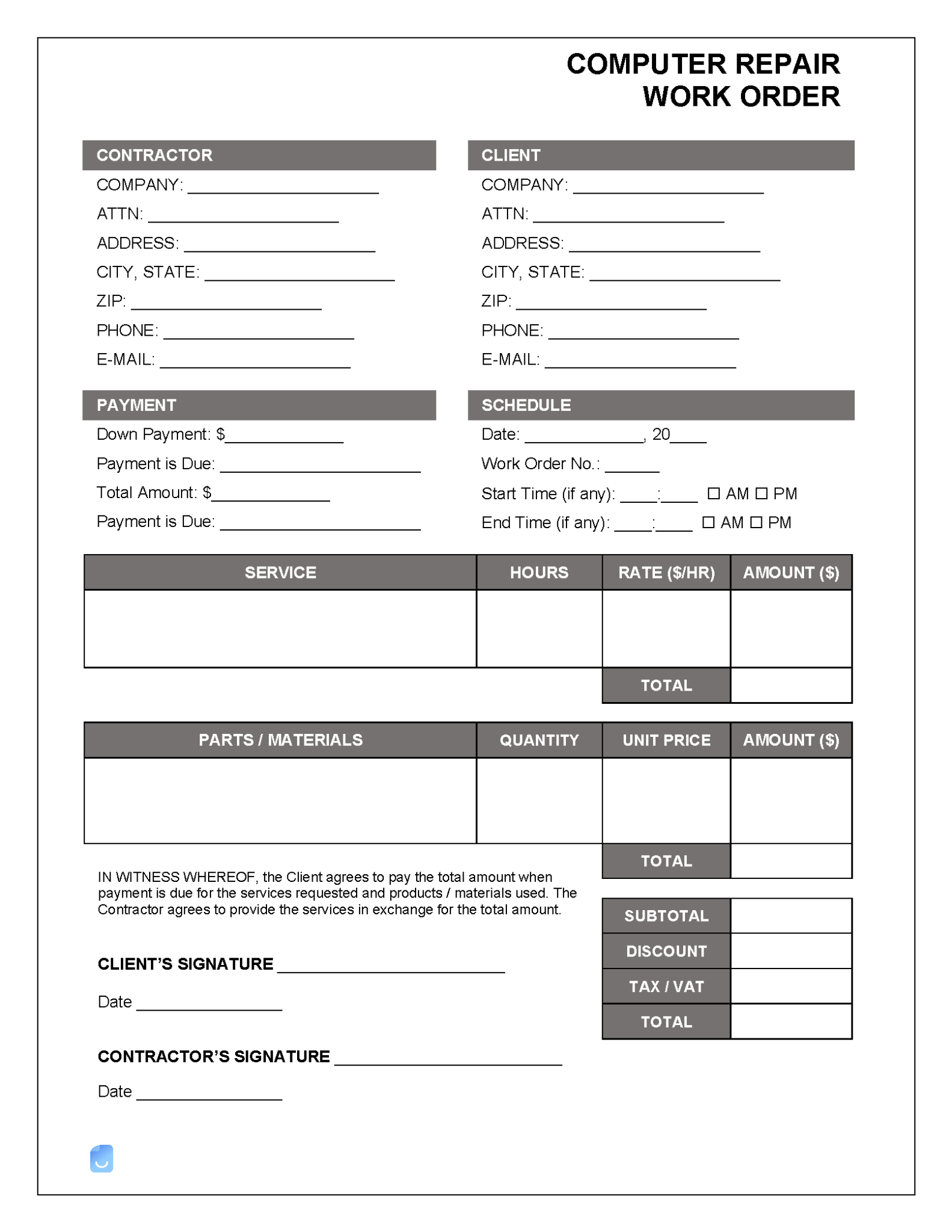 Computer Repair Request Form Template