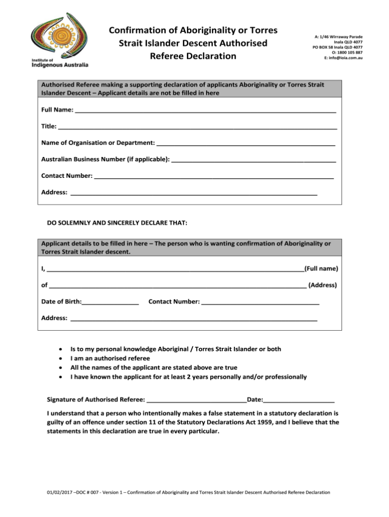 Confirmation of Aboriginality Form Template