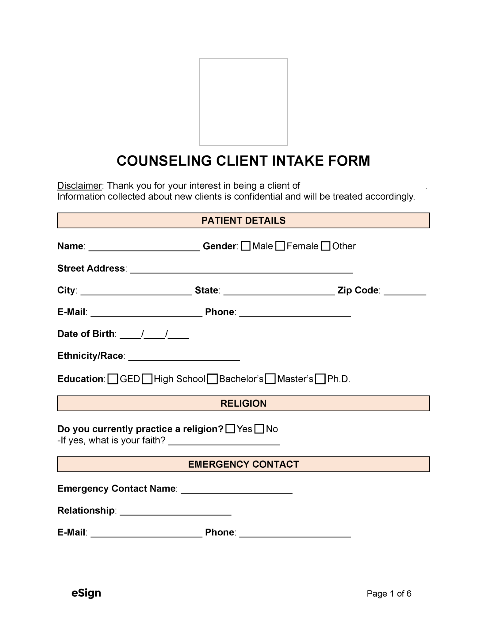 Counseling Intake Assessment Form Template