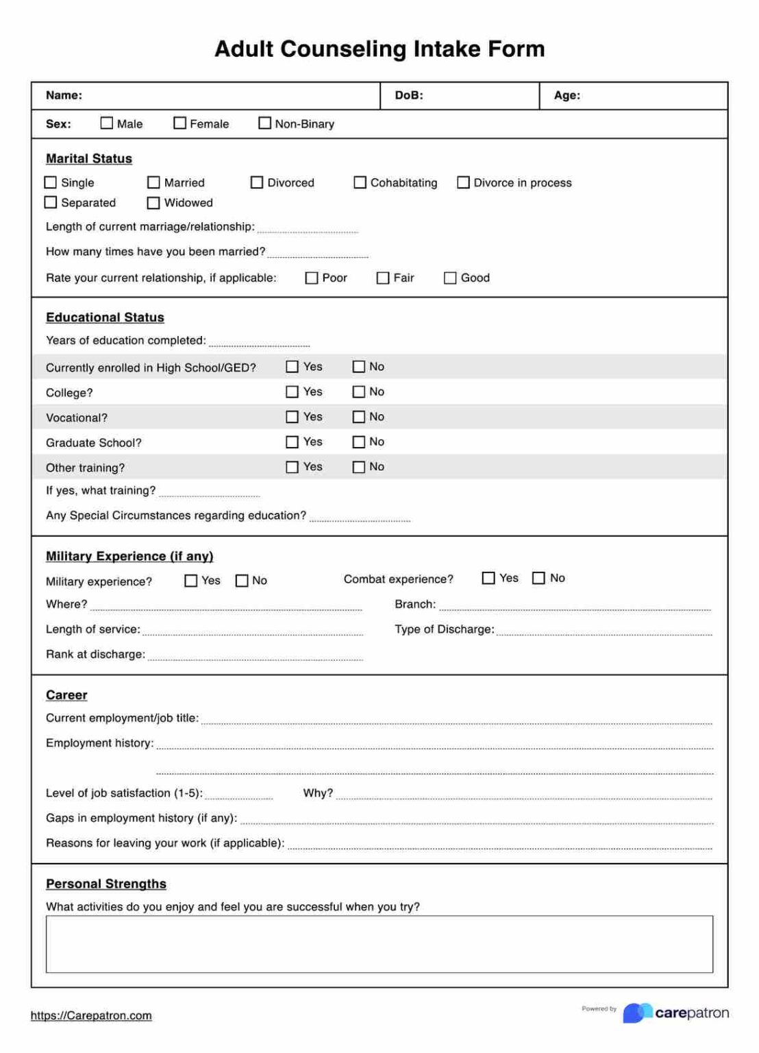 Counseling Service Intake Form Template