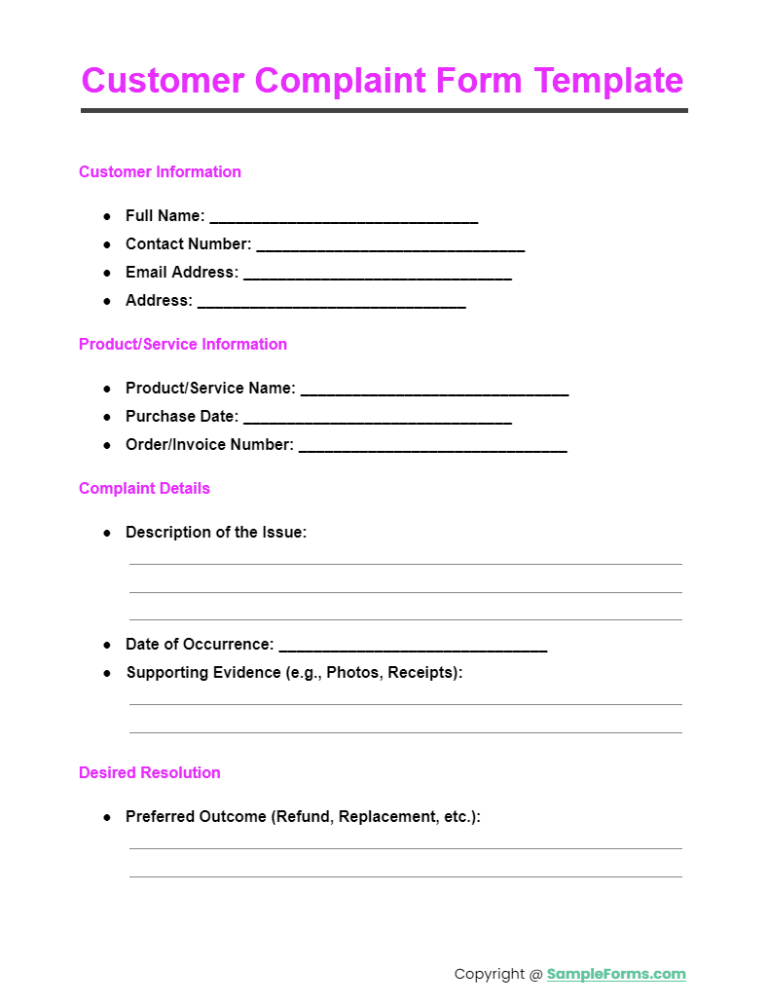 Customer Complaint Resolution Form Template