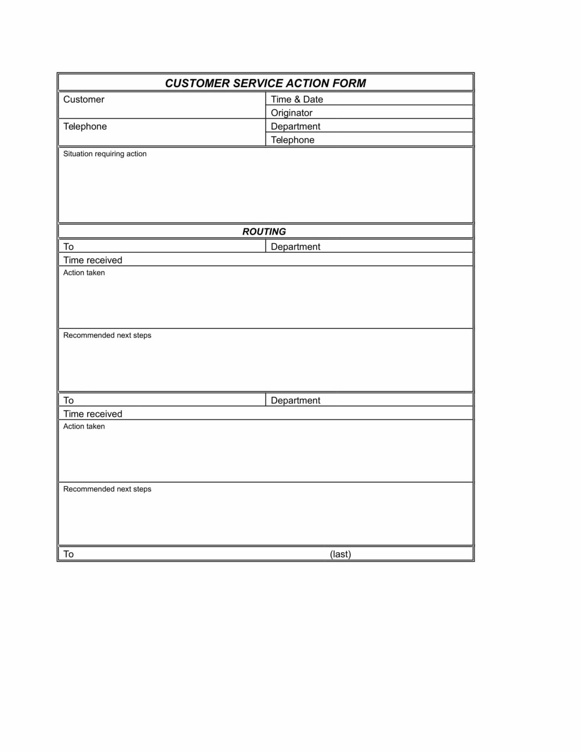 Customer Service Action Form Template