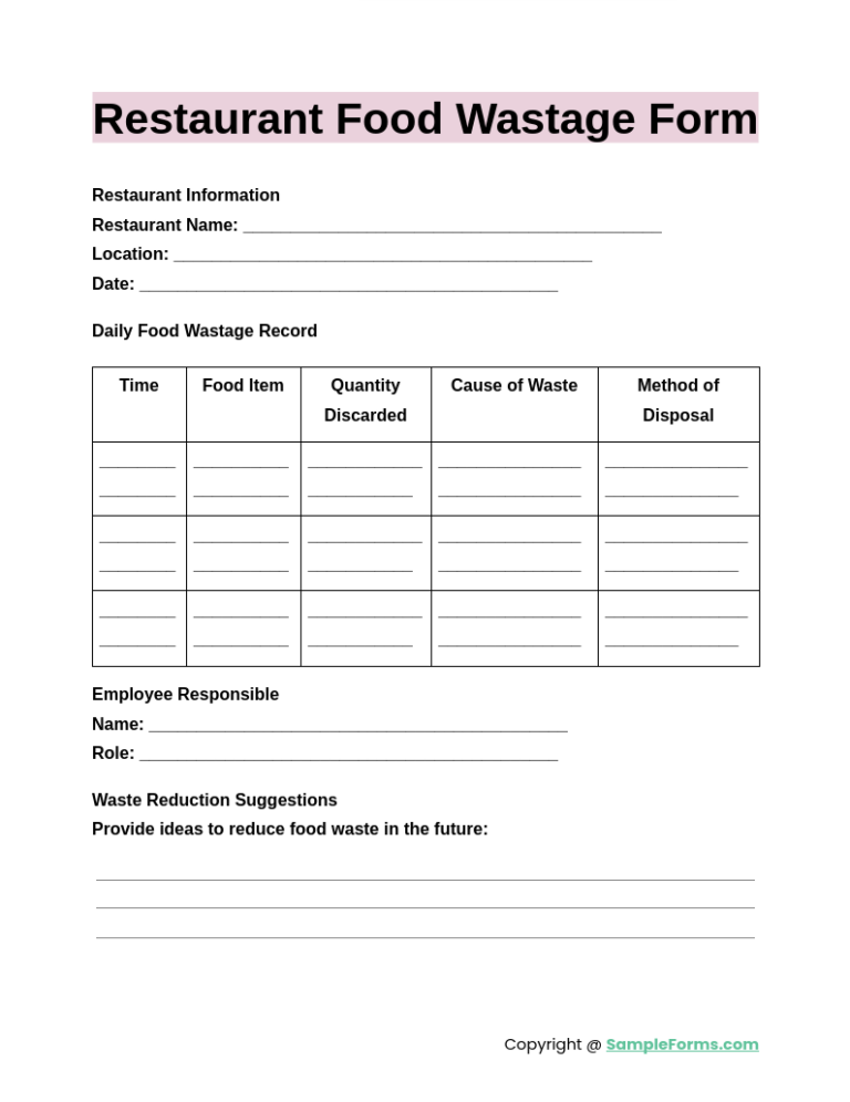 Disposal of Food Form Template