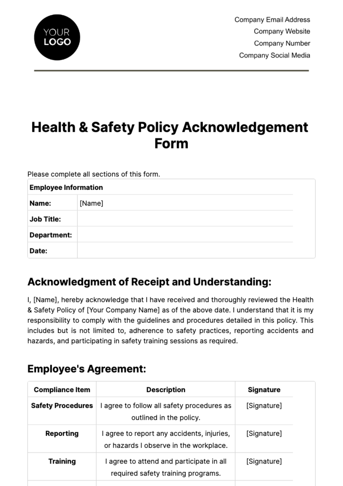 employee-safety-acknowledgement-form-template