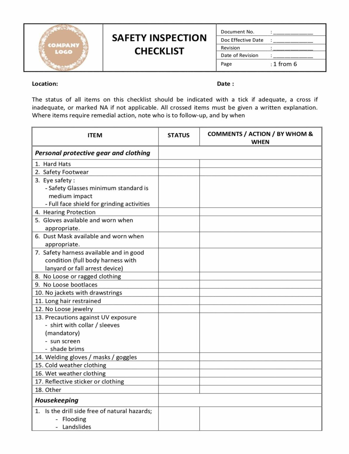 Health and Safety Inspection Form Template