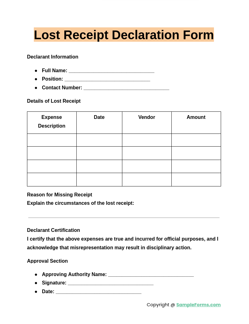 lost-receipt-declaration-form-template