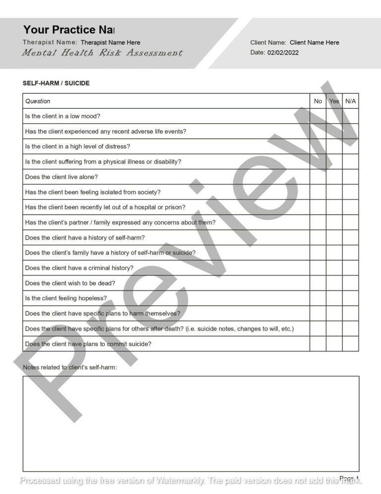 Mental Health Risk Assessment Form Template