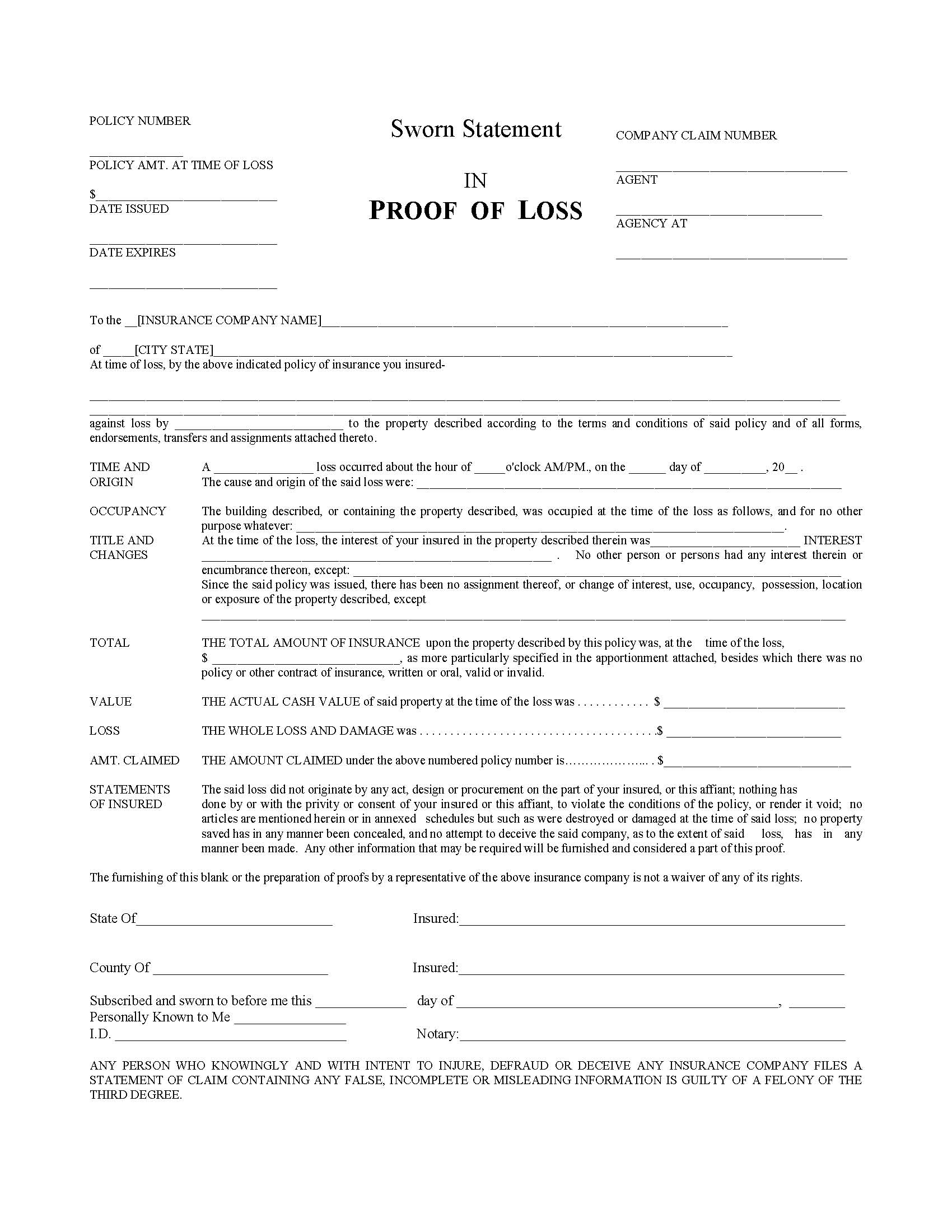 proof-of-loss-form-template