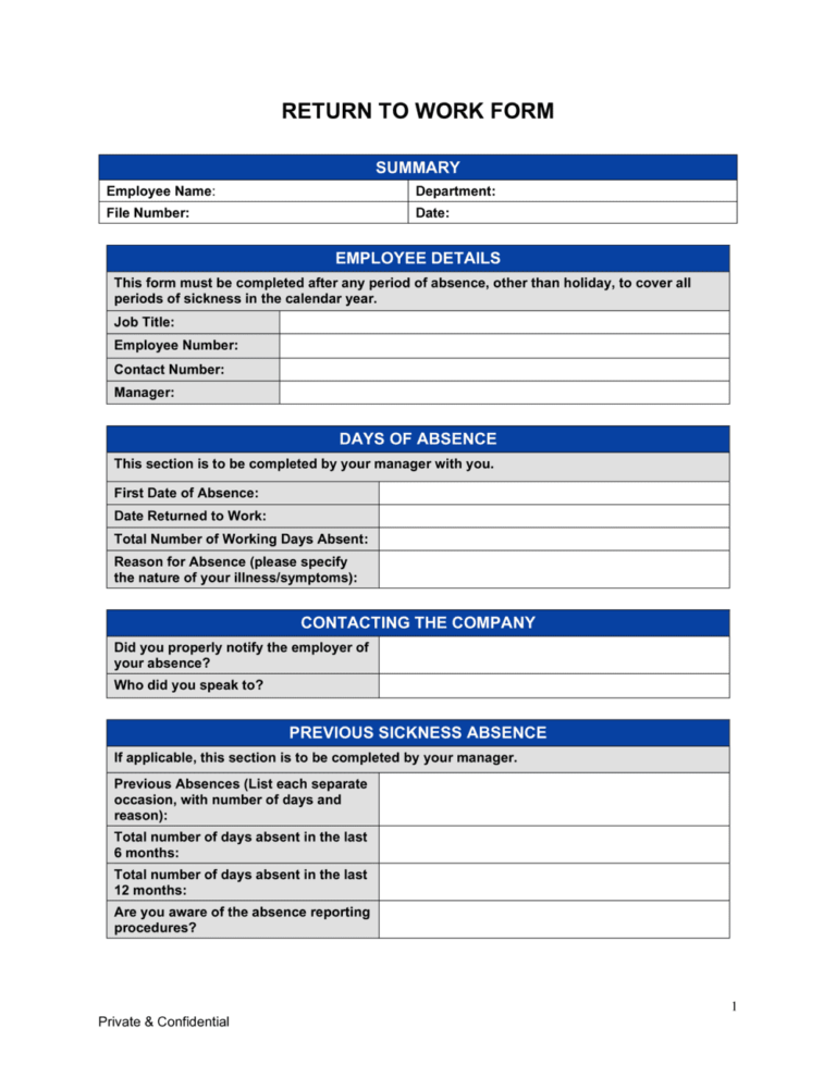 Medical System Form Return to Work Form Template