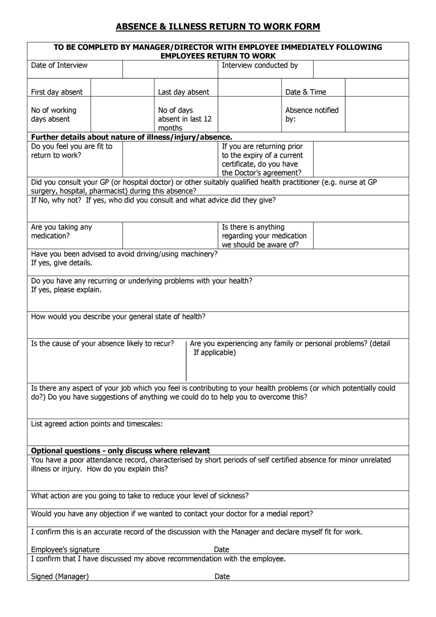 Return to Work Sickness Form Template