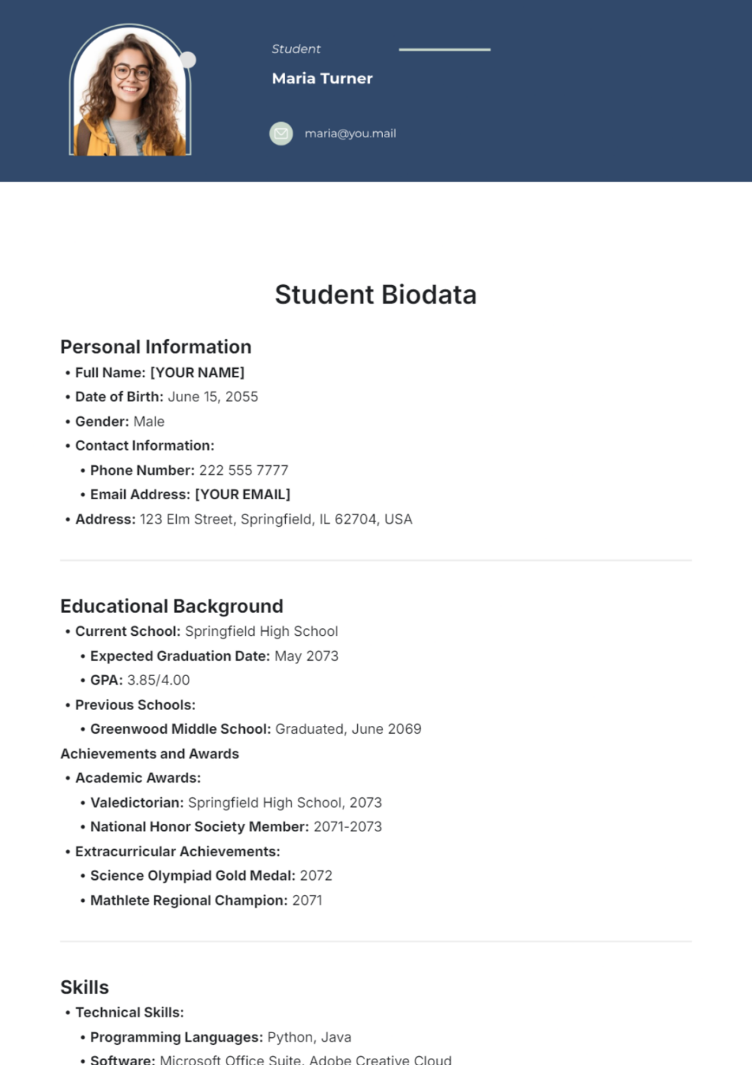 Student Bio Data Form Template