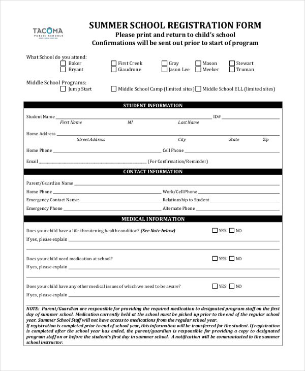 summer-school-enrollment-form-template